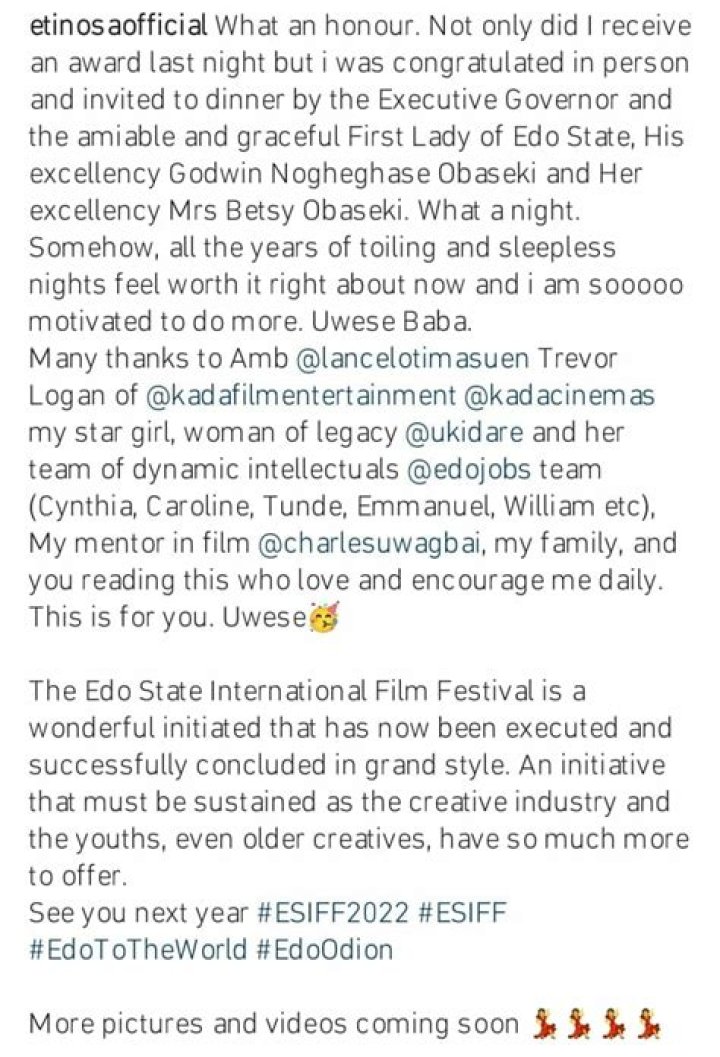 
“My Sleepless Nights Not In Vain” Etinosa Idemudia Honored By Edo State Governor 
